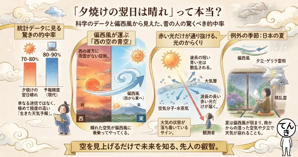 「夕焼けの翌日は晴れ」って本当？科学のデータと偏西風から見えた、昔の人の驚くべき的中率のイメージ画像