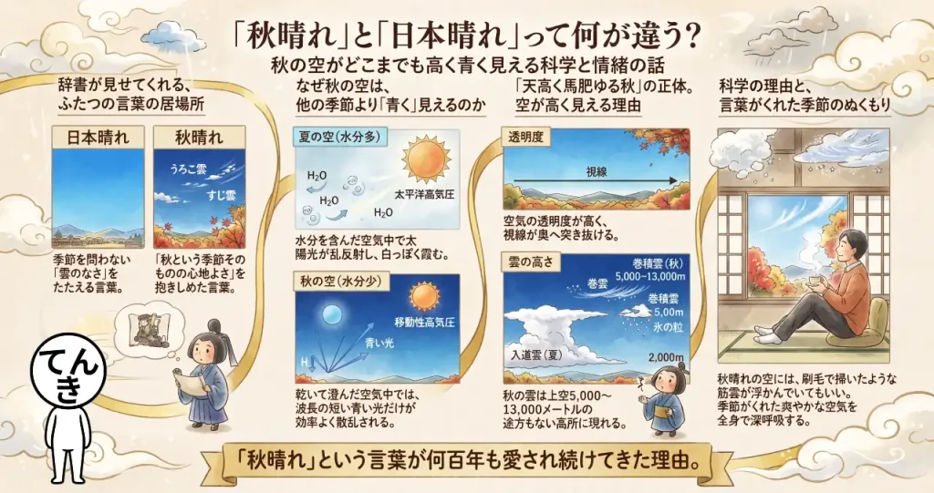 「秋晴れ」と「日本晴れ」って何が違う？秋の空がどこまでも高く青く見える科学と情緒の話のイメージ画像