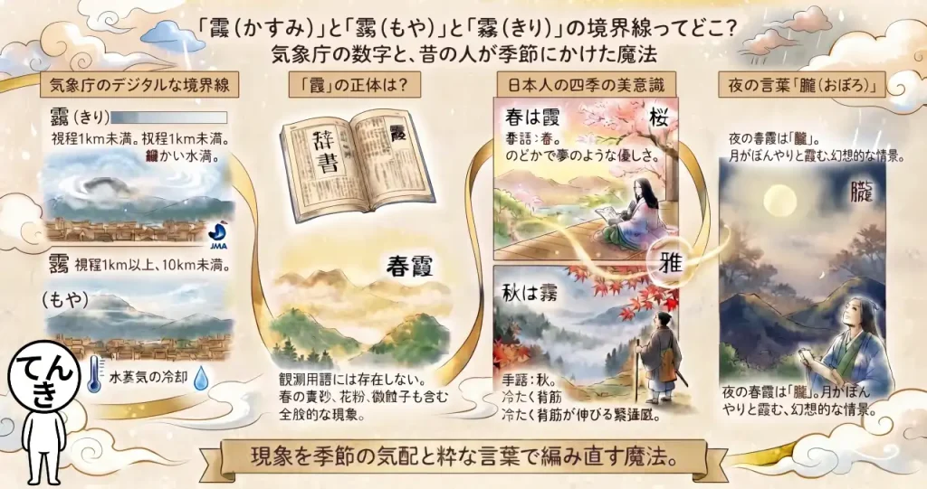 「霞（かすみ）」と「靄（もや）」と「霧（きり）」の境界線ってどこ？気象庁の数字と、昔の人が季節にかけた魔法のイメージ画像