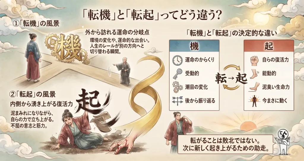 「転機」と「転起」ってどう違う？転んでもただでは起きない、文字が宿す泥臭い生命力のイメージ画像