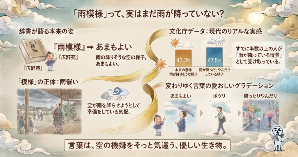 「雨模様」って、実はまだ雨が降っていない？辞書と調査データで辿る、言葉の不思議な変化のイメージ画像