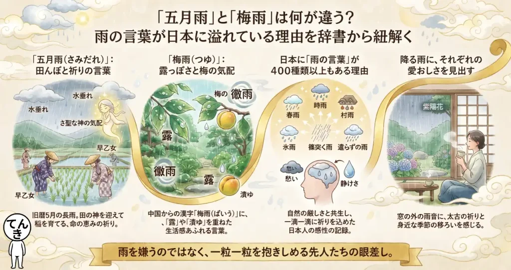 「五月雨」と「梅雨」は何が違う？雨の言葉が日本に溢れている理由を辞書から紐解くのイメージ画像