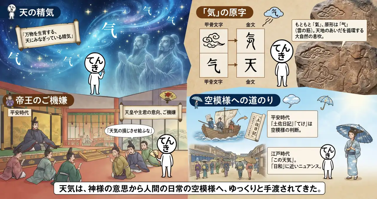 「天気」の語源を辞書で遡ったら、空模様じゃなかった。古代の人が見上げていた「天の気配」の話のイメージ画像